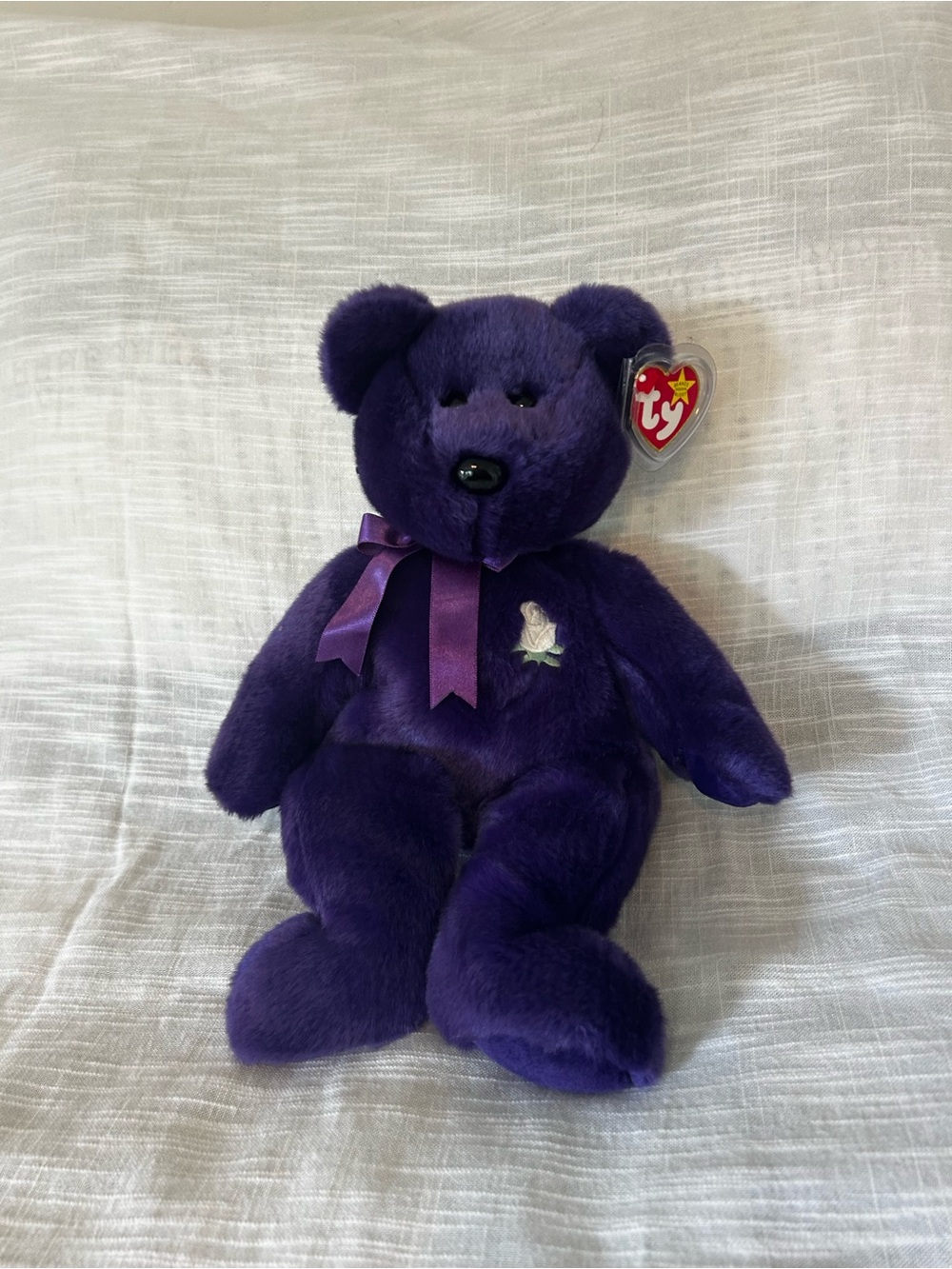 Ty Purple Plush Bear with Satin Ribbon and Embroidered Rose